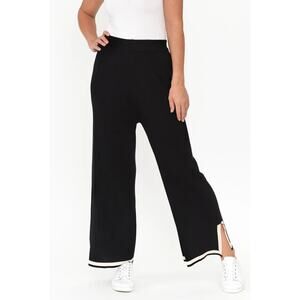 Women Wide Leg Pants Small Black Cream Trim Ankle Slit Knit Pull On High Waist